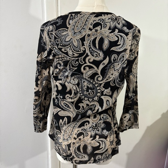 Croft & Barrow Black Beige Paisley Blouse 3/4 Sleeve Sz S Classic Boho Stretch - Picture 2 of 10